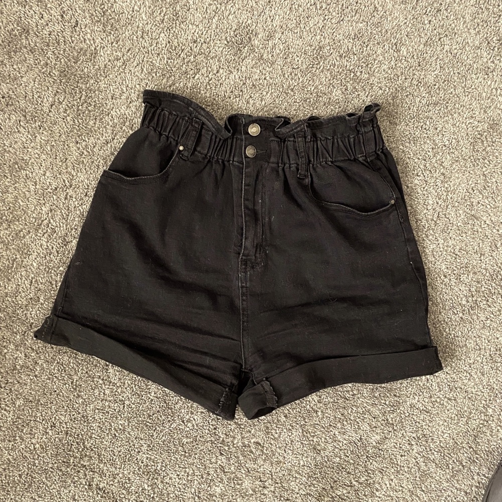 black paper bag denim shorts